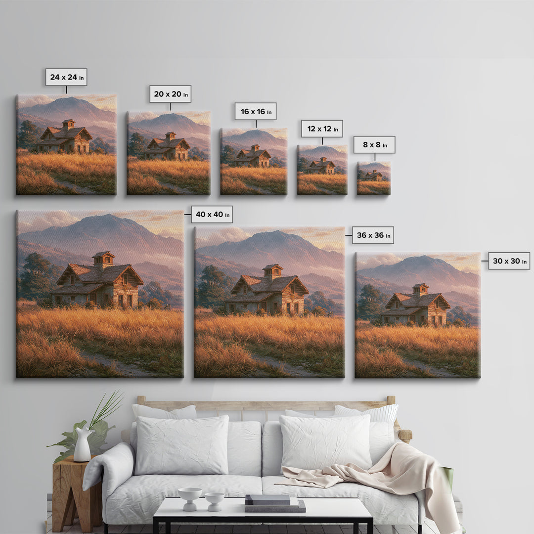 Mountain Cabin Landscape Framed Canvas Print, Rustic Art, Boho Wall Art, Farmhouse Decor, Oil Painting, Rustic, RUS-1x1-27