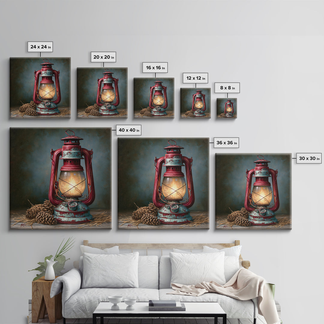 Rustic Lantern Glowing Beside Pinecones Framed Canvas Print, Rustic Art, Farmhouse Decor, Oil Painting, Rustic, RUS-1x1-28