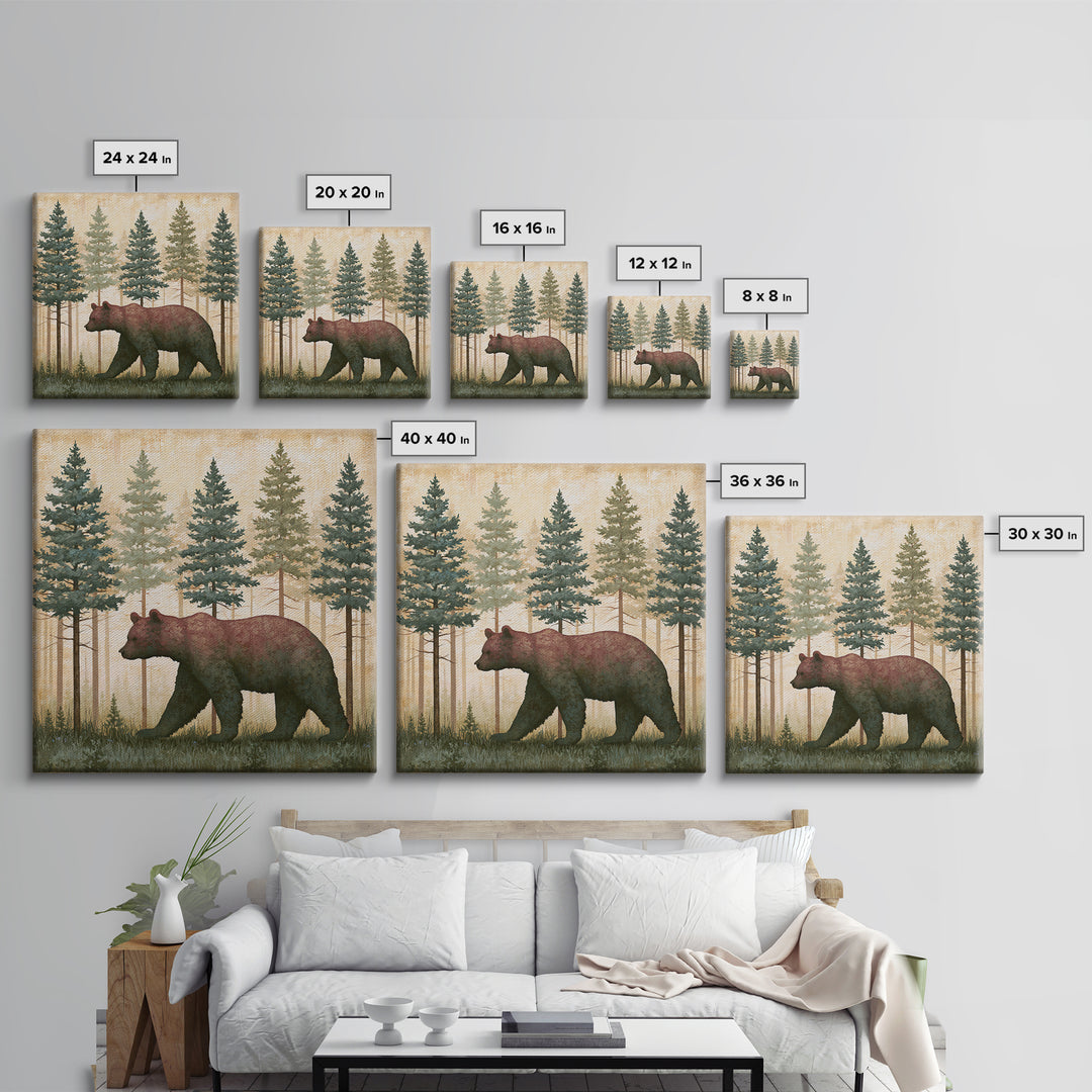 Bear Silhouette Among Pine Trees Canvas Print, Rustic Art, 3d Wall Art, Farmhouse Decor, Fine Art, Rustic, Living Room Art, RUS-1x1-31