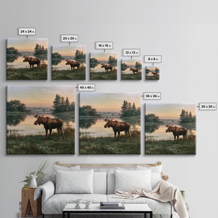 Moose Standing by a Quiet Lake Framed Canvas Print, Rustic Art, Fine Art Print, Farmhouse Decor, Fine Art, Rustic, Painting, RUS-1x1-33