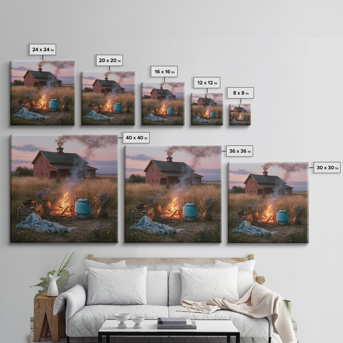 Campfire under a Starry Sky Framed Canvas Print, Rustic Art, Landscape Wall Art, Farmhouse Decor, Watercolor Art, Rustic, RUS-1x1-34