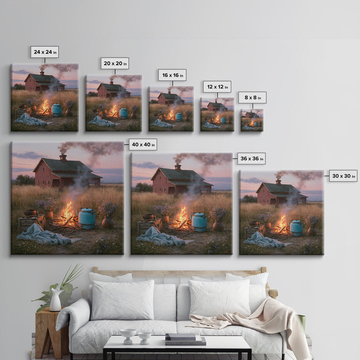 Campfire under a Starry Sky Framed Canvas Print, Rustic Art, Landscape Wall Art, Farmhouse Decor, Watercolor Art, Rustic, RUS-1x1-34