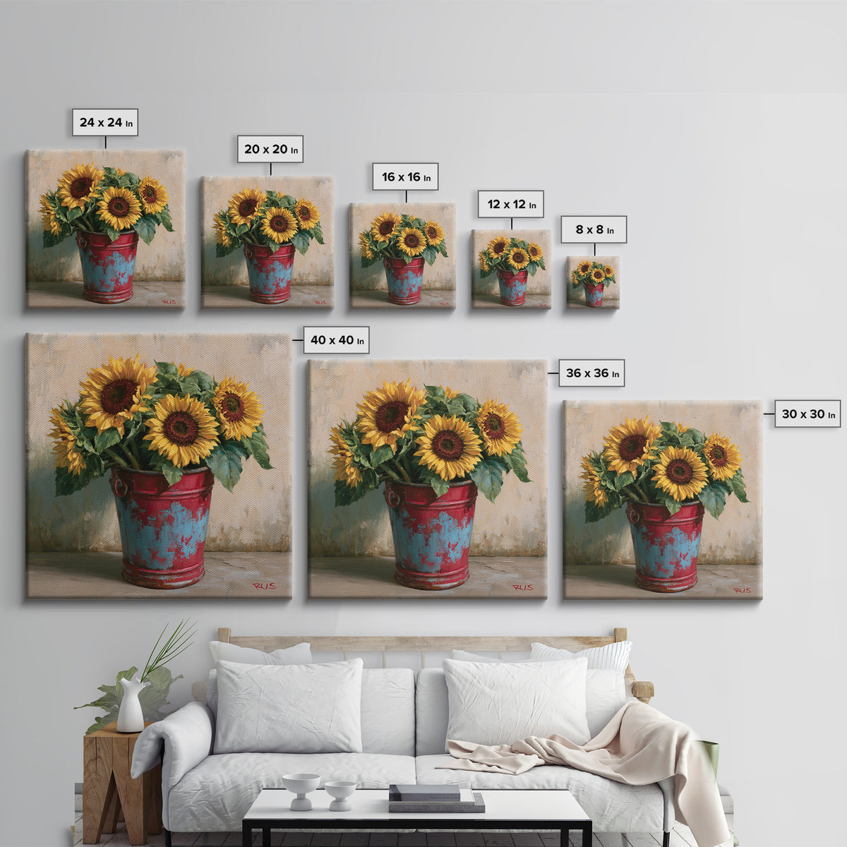 Sunflowers in a Metal Bucket Canvas Print, Rustic Art, Farmhouse Decor, Watercolor Art, Rustic, Landscape Painting, RUS-1x1-36