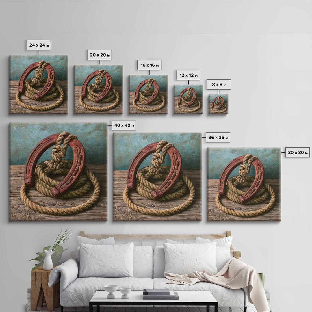 Rusty Horseshoe and Rope Composition Framed Canvas Print, Rustic Art, Gallery Wall Set, Farmhouse Decor, Oil Painting, Rustic, RUS-1x1-37