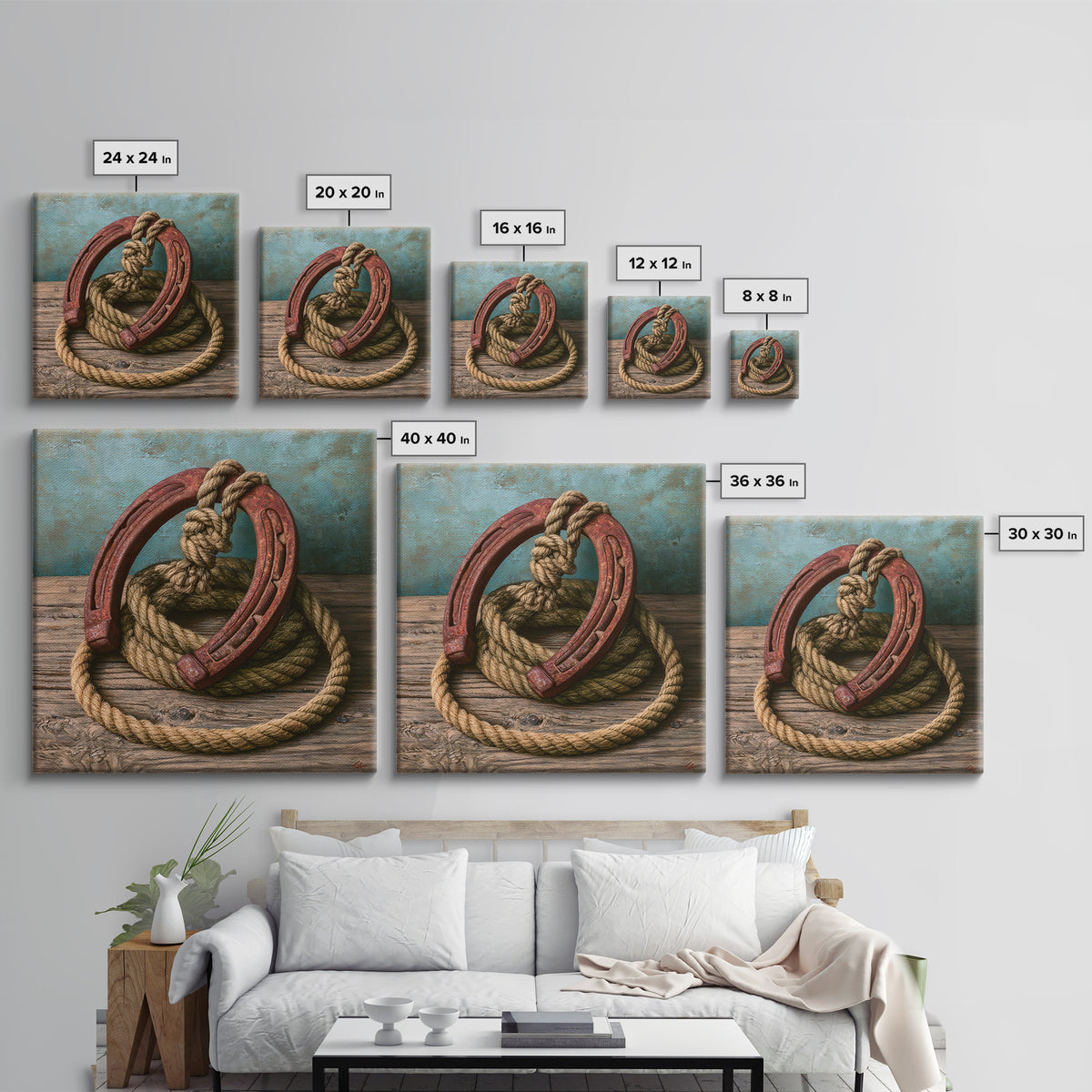 Rusty Horseshoe and Rope Composition Framed Canvas Print, Rustic Art, Gallery Wall Set, Farmhouse Decor, Oil Painting, Rustic, RUS-1x1-37