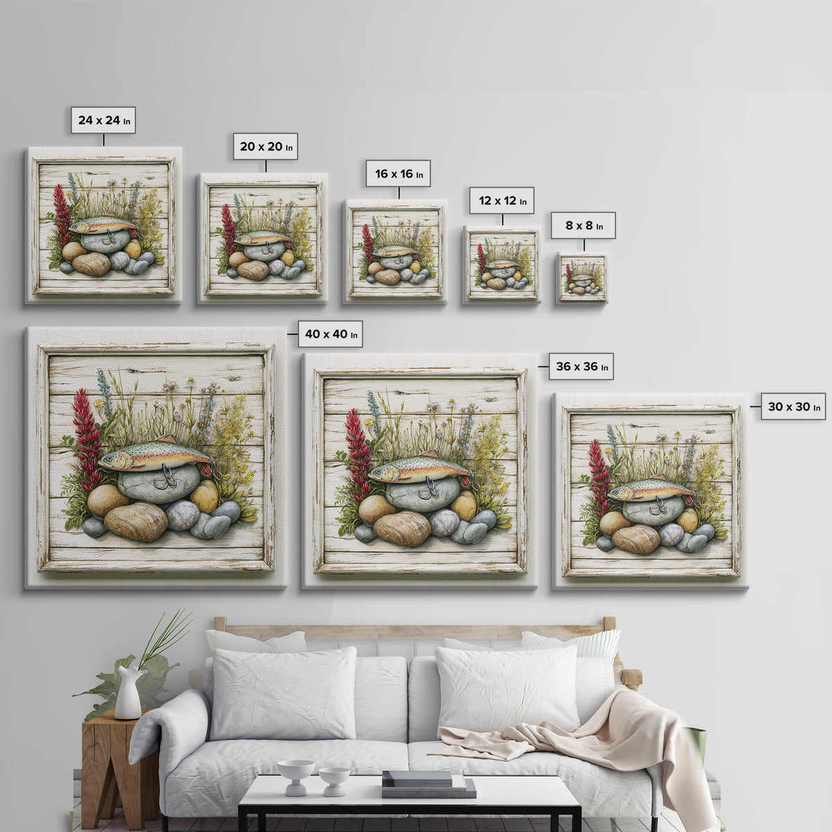 Trout Fishing Lure and River Stones Framed Canvas Print, Rustic Art, Landscape Art, Farmhouse Decor, Fine Art, Rustic, RUS-1x1-38
