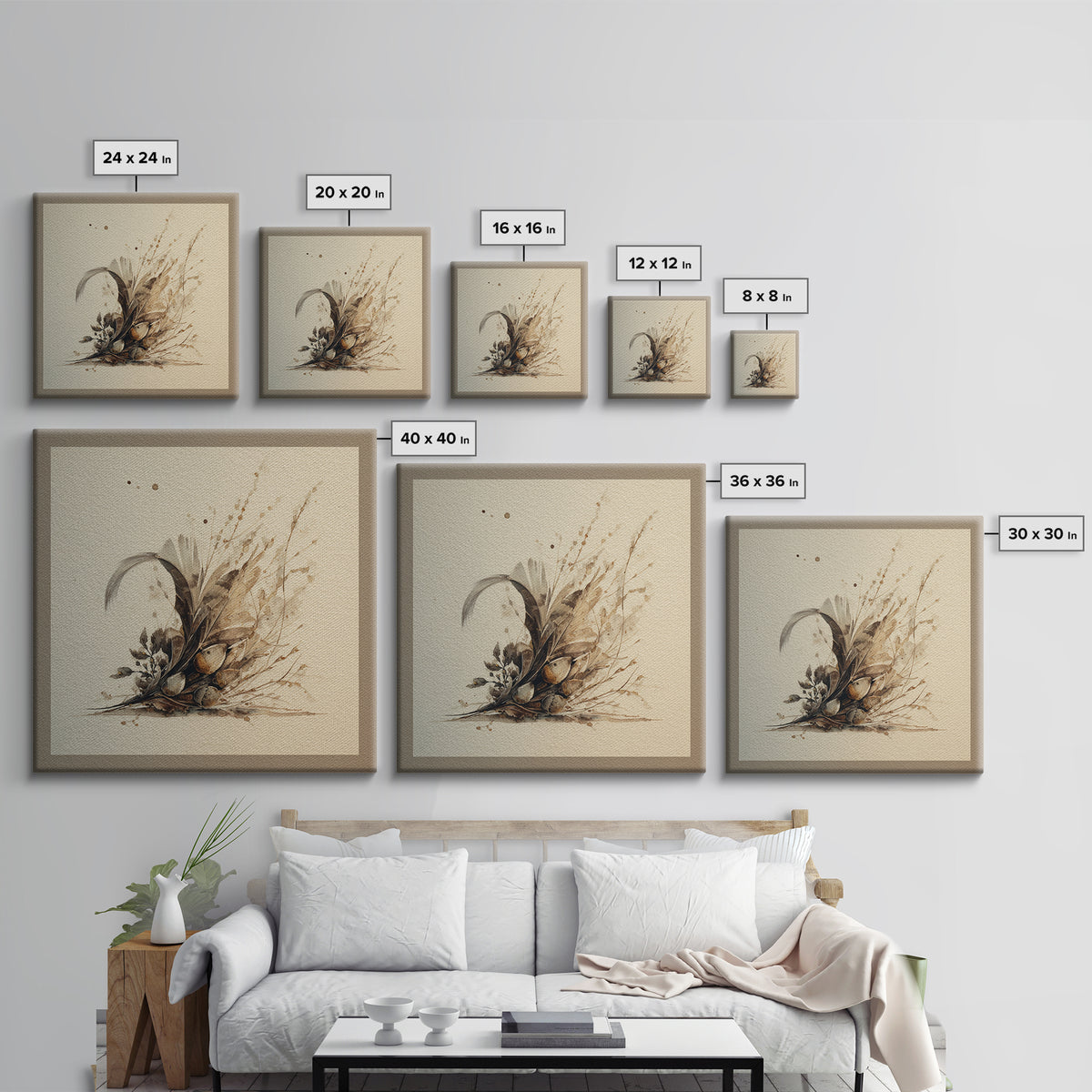 Pheasant Feathers and Acorns Arrangement Framed Canvas Print, Rustic Art, Luxury Decor, Farmhouse Decor, Fine Art, Rustic, RUS-1x1-40