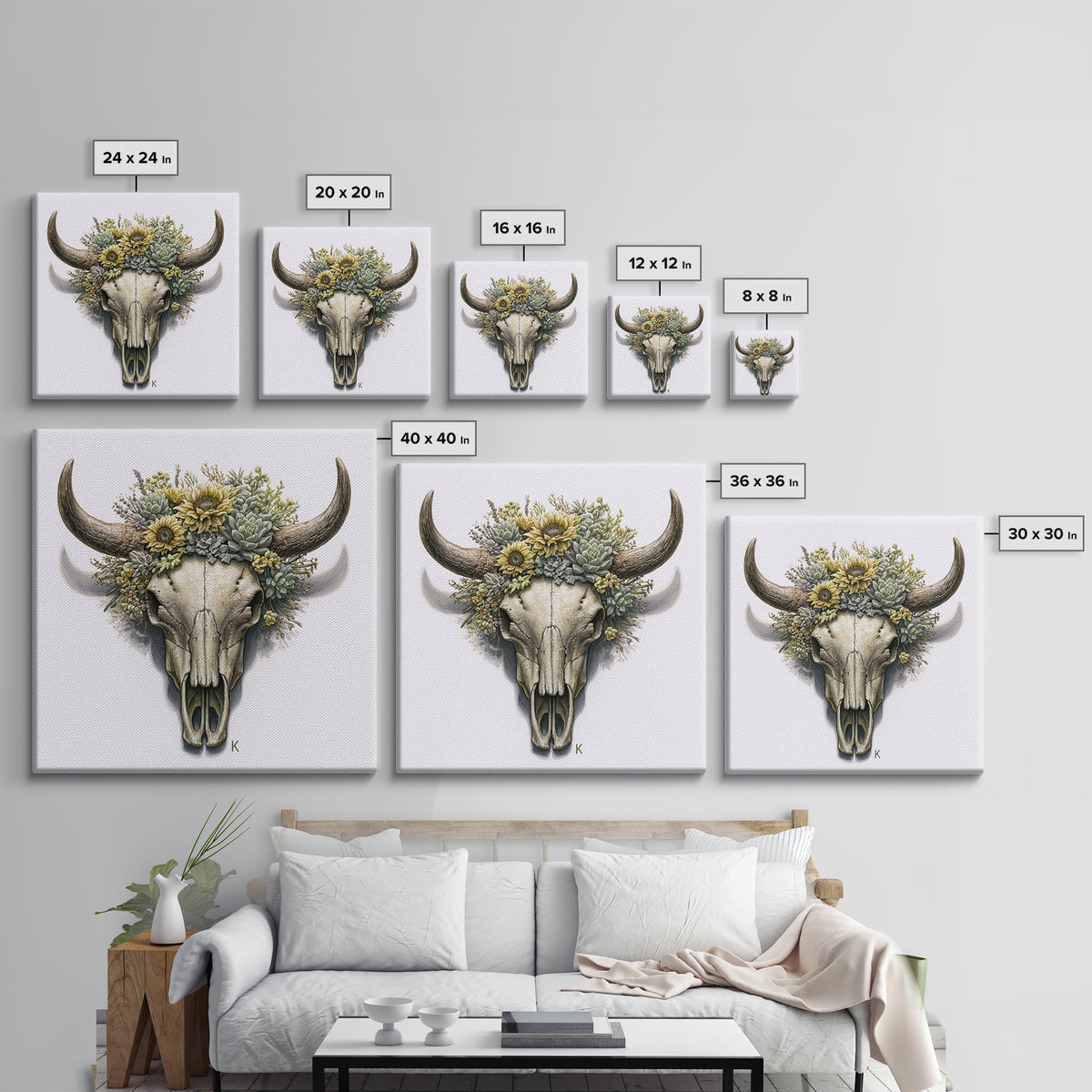 Cow Skull with Desert Flowers Framed Canvas Print, Rustic Art, Gallery Decor, Farmhouse Decor, Oil Painting, Rustic, RUS-1x1-41