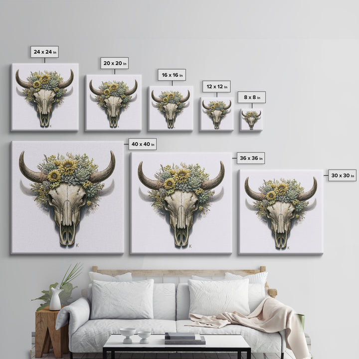 Cow Skull with Desert Flowers Framed Canvas Print, Rustic Art, Gallery Decor, Farmhouse Decor, Oil Painting, Rustic, RUS-1x1-41