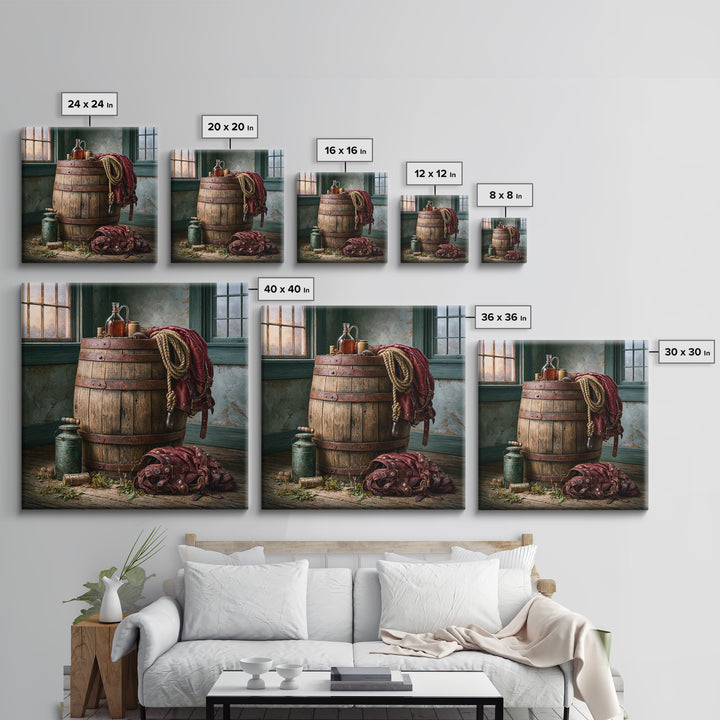 Whiskey Barrel and Leather Still Life Framed Canvas Print, Rustic Art, Wood Art, Farmhouse Decor, Oil Painting, Rustic, RUS-1x1-43