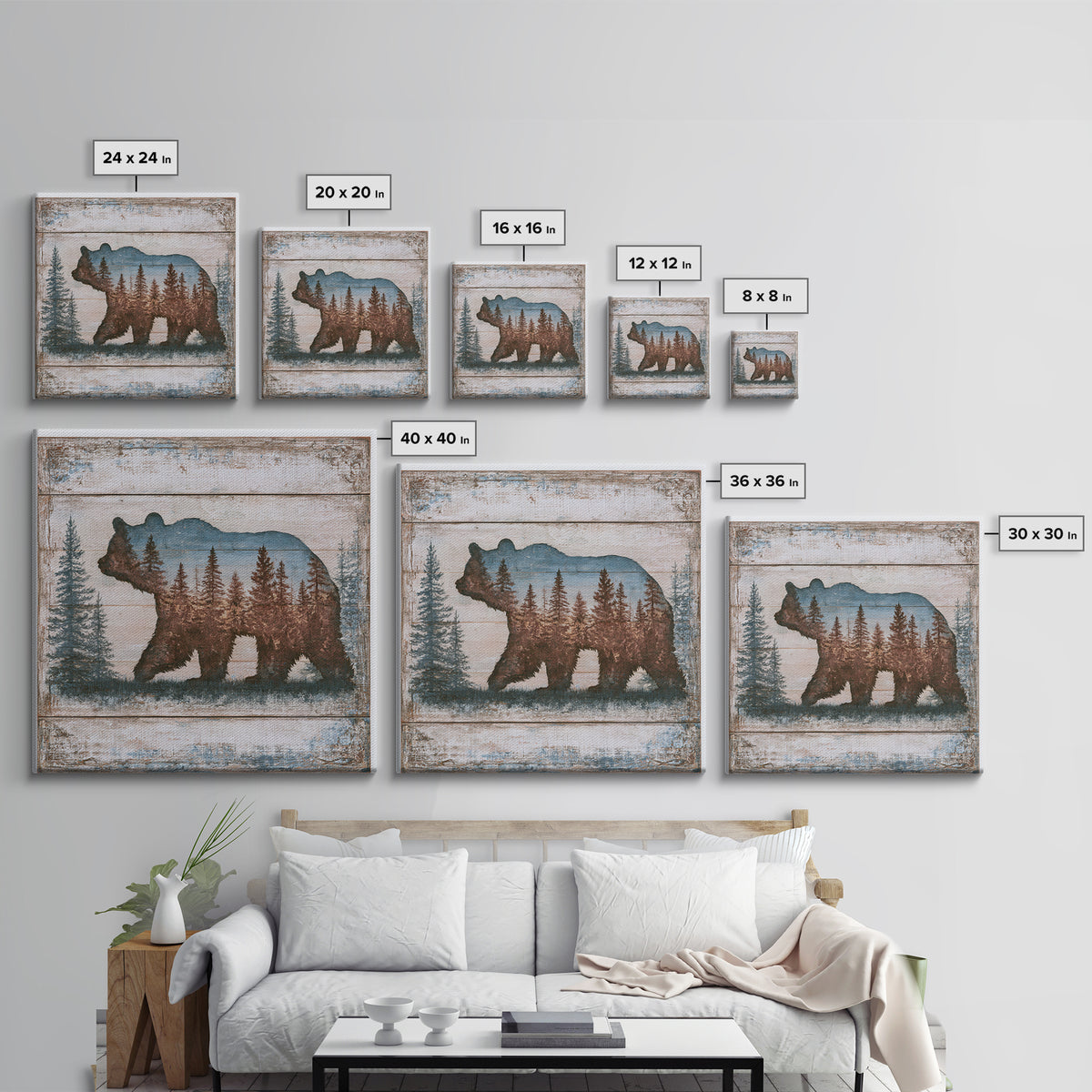 Bear Silhouette Among Pine Trees Canvas Print, Rustic Art, Downloadable Art, Farmhouse Decor, Watercolor Art, Rustic, RUS-1x1-55