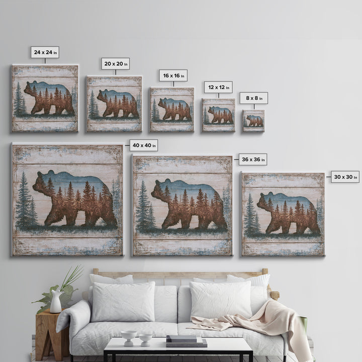 Bear Silhouette Among Pine Trees Canvas Print, Rustic Art, Downloadable Art, Farmhouse Decor, Watercolor Art, Rustic, RUS-1x1-55