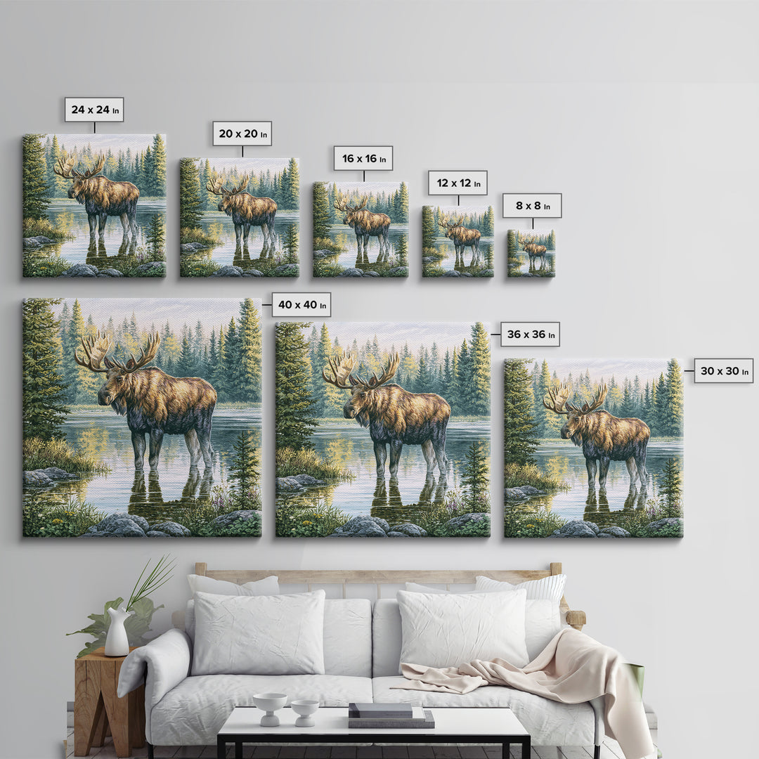 Moose Standing by a Quiet Lake Framed Canvas Print, Rustic Art, Fine Art Print, Farmhouse Decor, Fine Art, Rustic, Painting, RUS-1x1-57