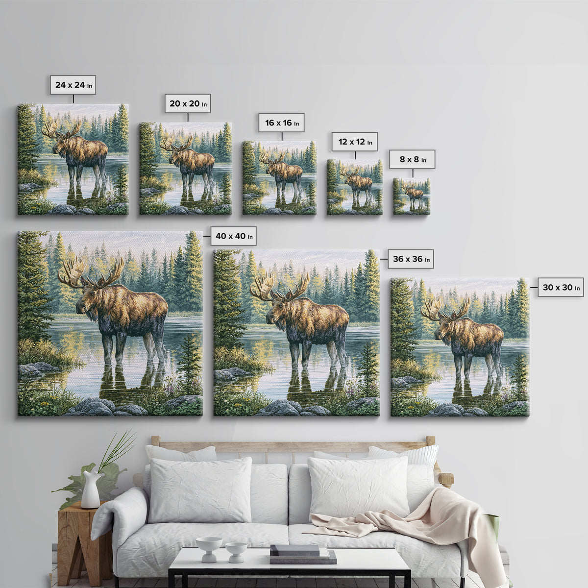 Moose Standing by a Quiet Lake Framed Canvas Print, Rustic Art, Fine Art Print, Farmhouse Decor, Fine Art, Rustic, Painting, RUS-1x1-57