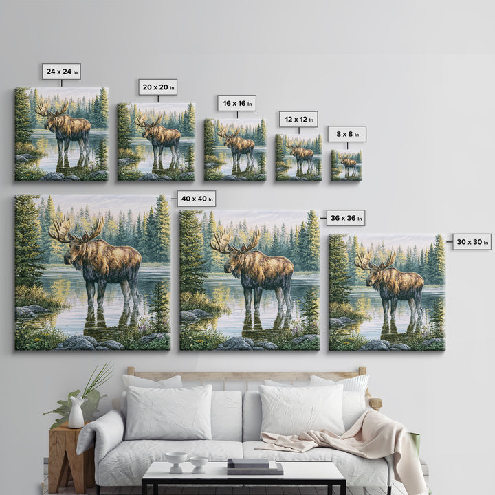 Moose Standing by a Quiet Lake Framed Canvas Print, Rustic Art, Fine Art Print, Farmhouse Decor, Fine Art, Rustic, Painting, RUS-1x1-57