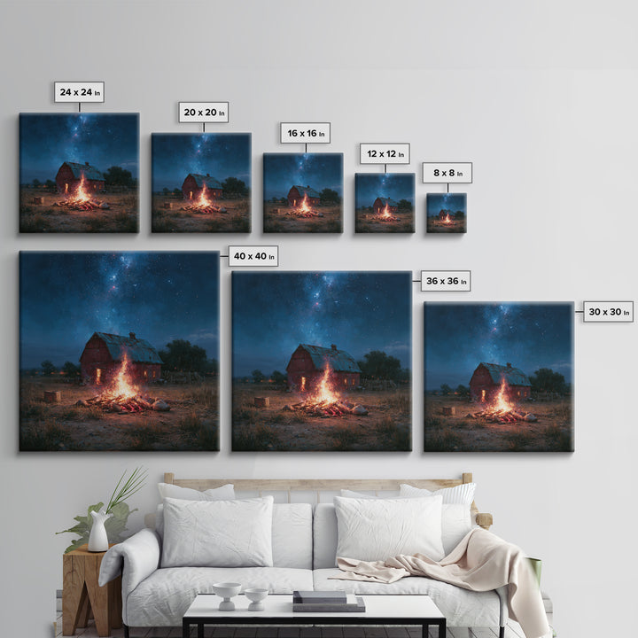 Campfire under a Starry Sky Framed Canvas Print, Rustic Art, Landscape Wall Art, Farmhouse Decor, Watercolor Art, Rustic, RUS-1x1-58