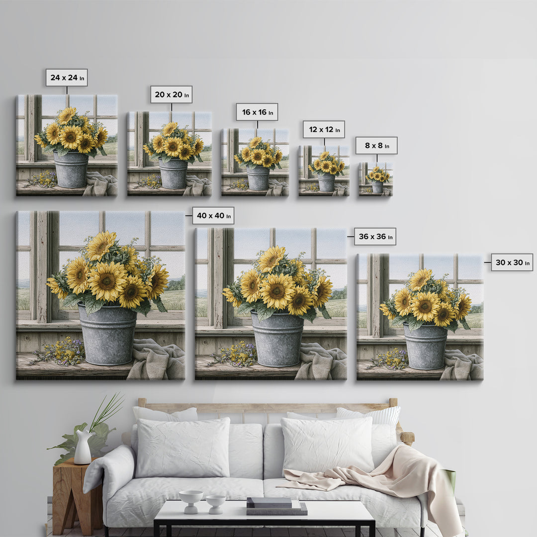 Sunflowers in a Metal Bucket Canvas Print, Rustic Art, Modern Art, Farmhouse Decor, Rustic, Neutral Decor, Modern Decor, RUS-1x1-60