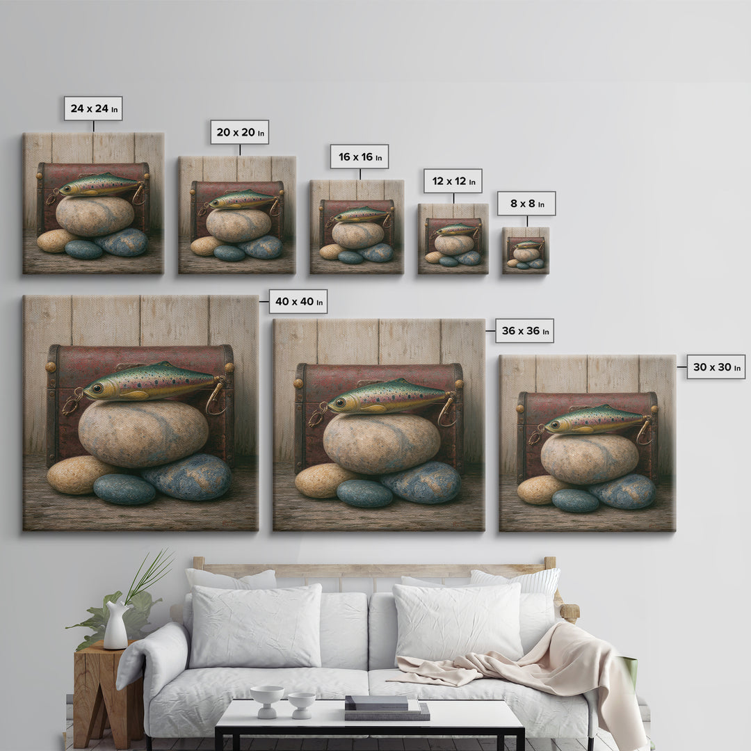 Trout Fishing Lure and River Stones Framed Canvas Print, Rustic Art, Landscape Art, Farmhouse Decor, Fine Art, Rustic, RUS-1x1-62