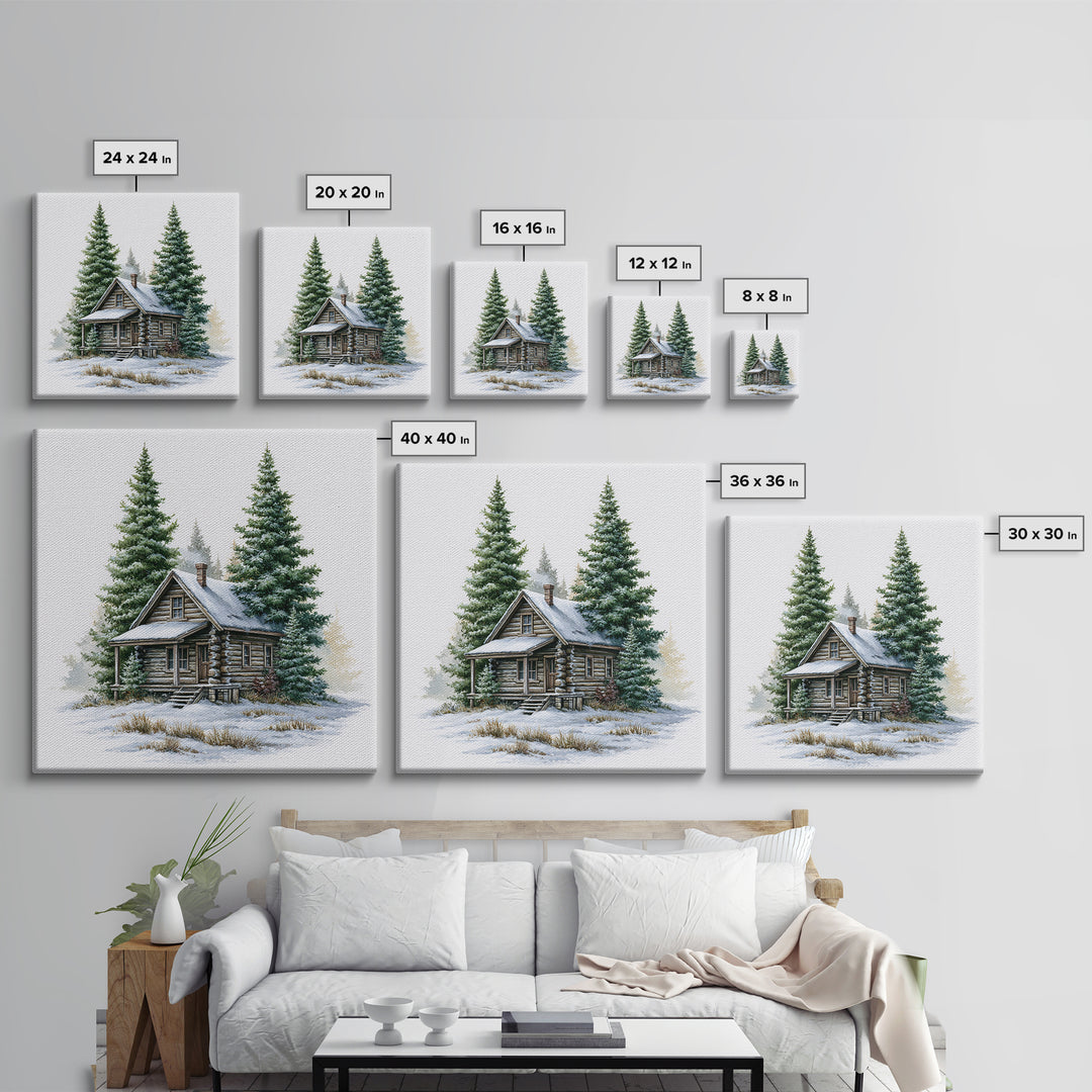 Log Cabin with Snowy Pines Framed Canvas Print, Rustic Art, Gallery Wall Set, Farmhouse Decor, Rustic, Minimalist Decor, RUS-1x1-63