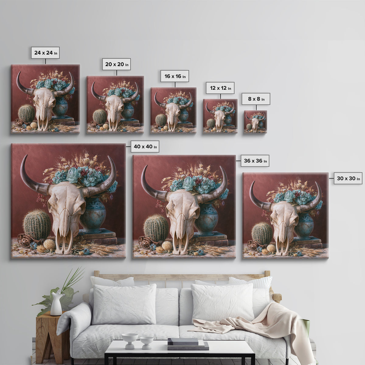 Cow Skull with Desert Flowers Framed Canvas Print, Rustic Art, Gallery Decor, Farmhouse Decor, Oil Painting, Rustic, RUS-1x1-65