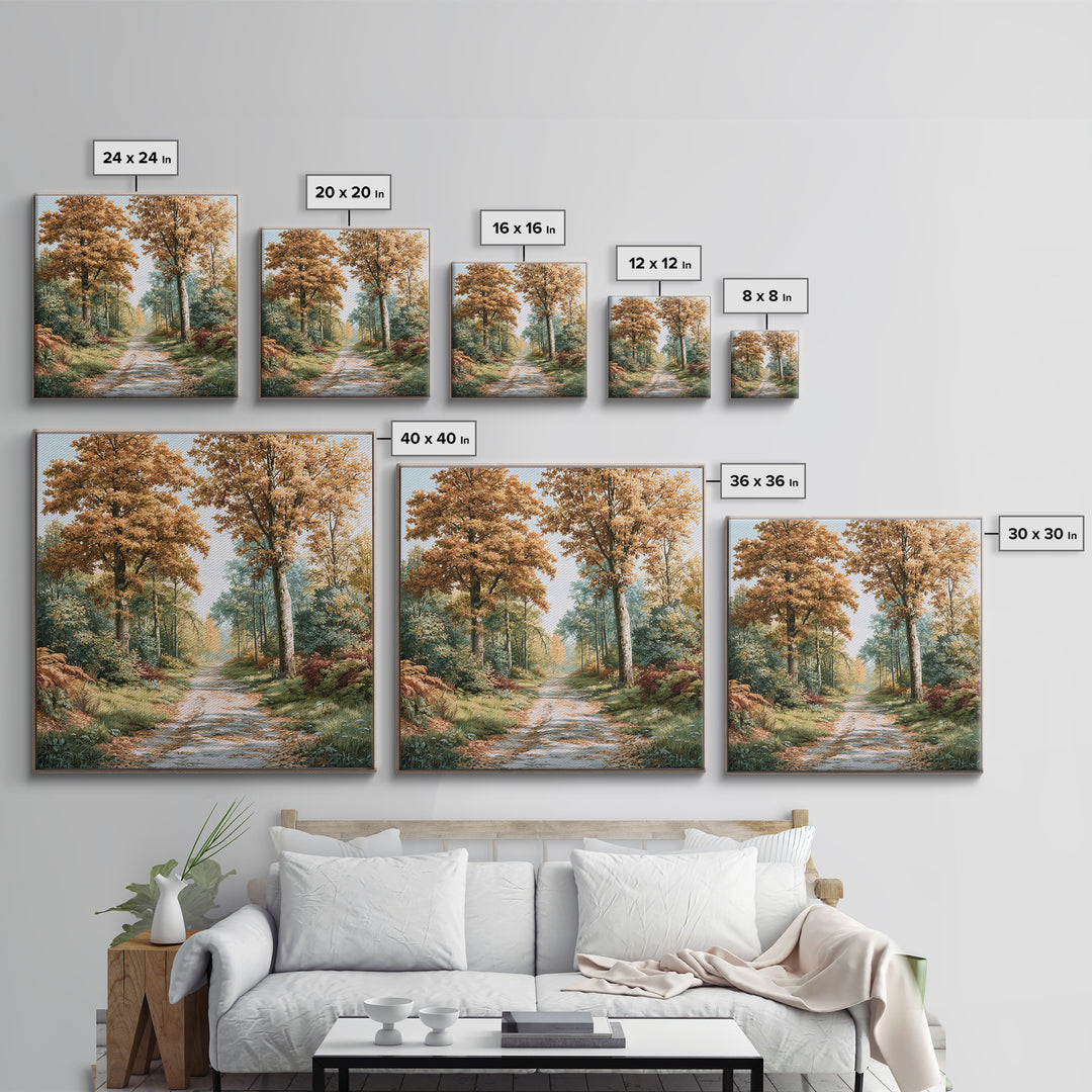 Forest Path with Golden Autumn Leaves Framed Canvas Print, Rustic Art, Eclectic Wall Art, Farmhouse Decor, Fine Art, Rustic, RUS-1x1-66
