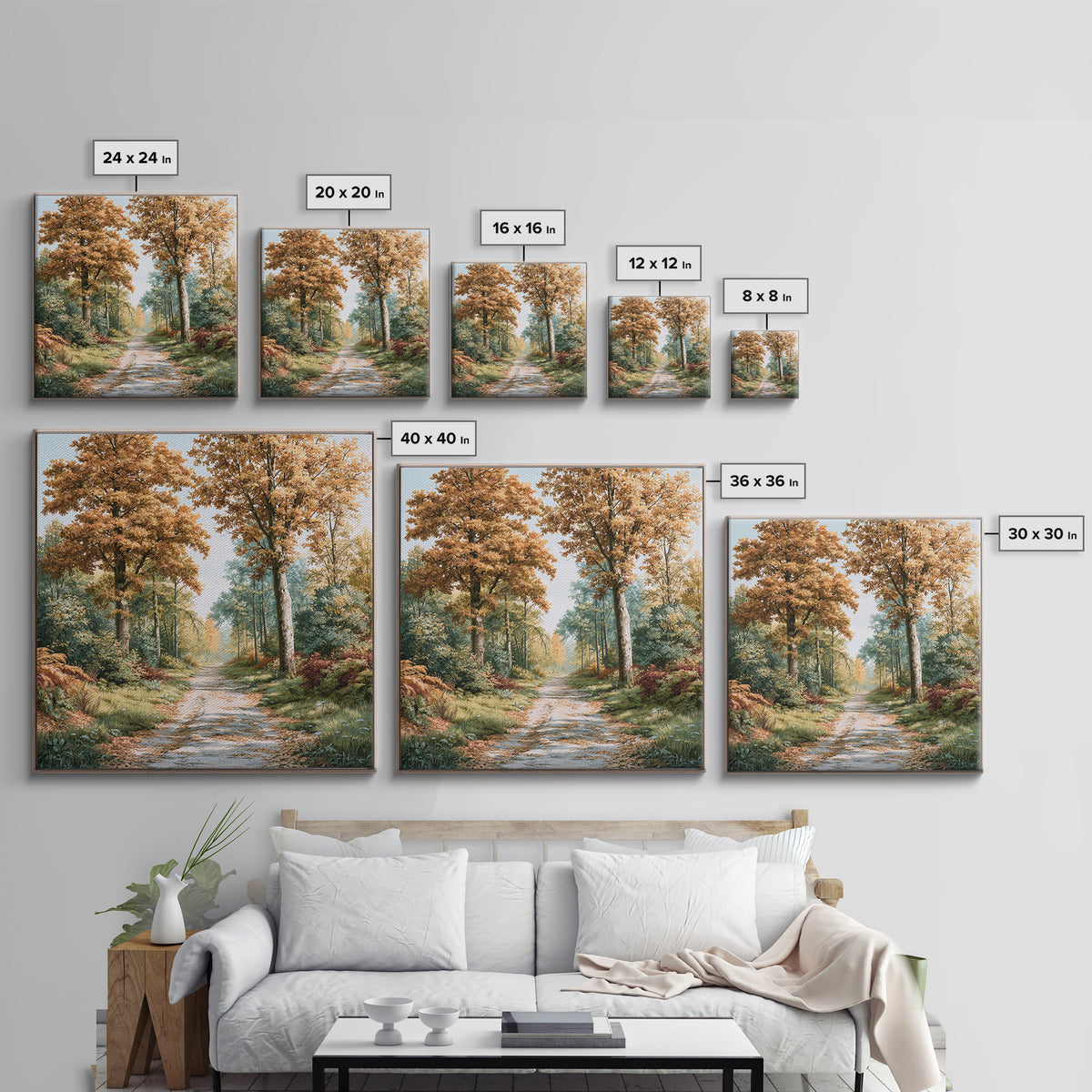 Forest Path with Golden Autumn Leaves Framed Canvas Print, Rustic Art, Eclectic Wall Art, Farmhouse Decor, Fine Art, Rustic, RUS-1x1-66