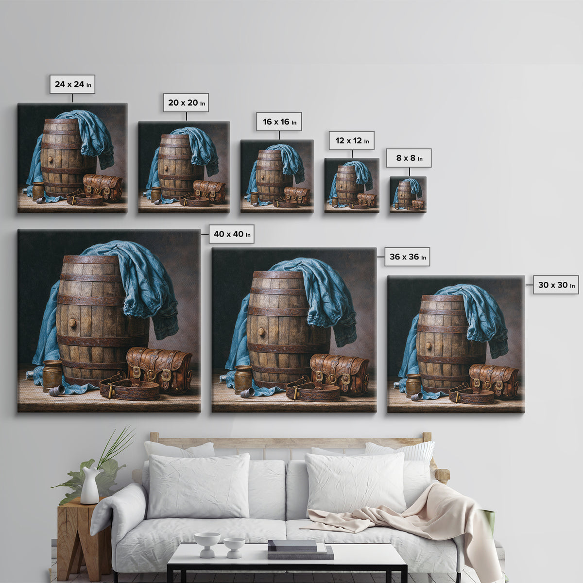 Whiskey Barrel and Leather Still Life Framed Canvas Print, Rustic Art, Gallery Decor, Farmhouse Decor, Fine Art, Rustic, RUS-1x1-67