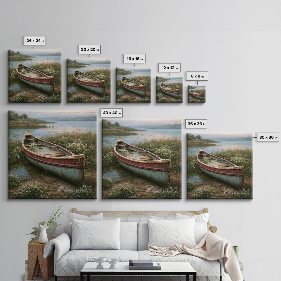 Old Canoe Pulled Onto a Lake Shore Framed Canvas Print, Rustic Art, Eclectic Wall Art, Farmhouse Decor, Oil Painting, Rustic, RUS-1x1-68