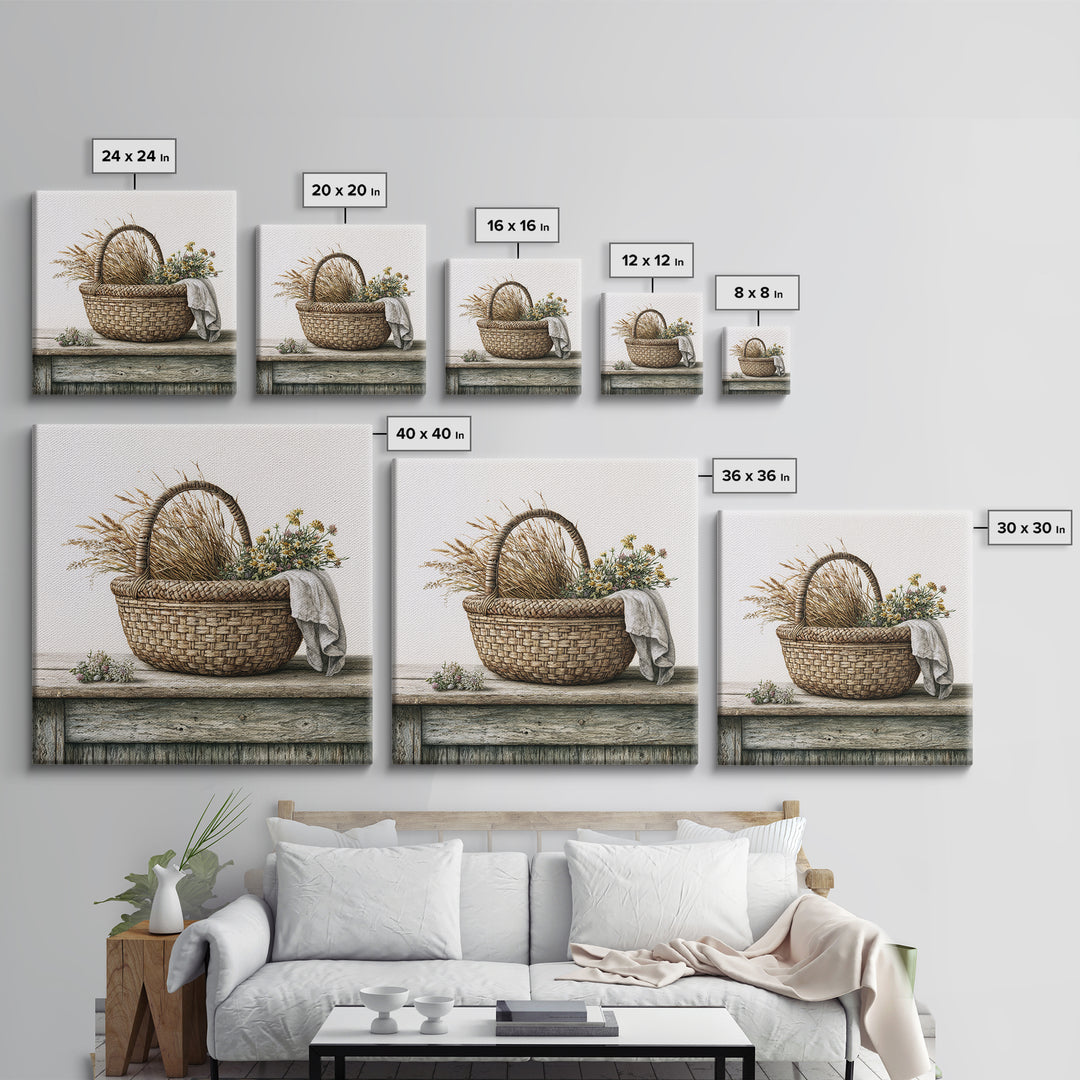 Handwoven Basket with Dried Grasses Framed Canvas Print, Rustic Art, Gallery Wall Art, Farmhouse Decor, Abstract Art, Rustic, RUS-1x1-72