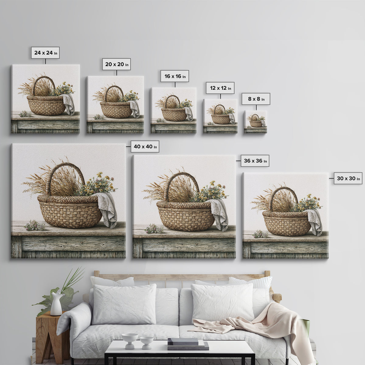 Handwoven Basket with Dried Grasses Framed Canvas Print, Rustic Art, Gallery Wall Art, Farmhouse Decor, Abstract Art, Rustic, RUS-1x1-72