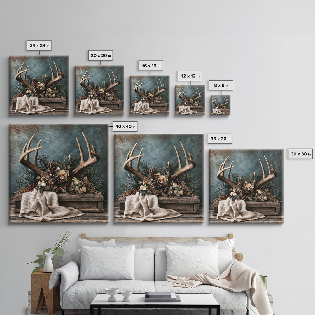 Deer Antlers with Pine Branches and Berries Framed Canvas Print, Rustic Art, Gallery Wall Set, Farmhouse Decor, Watercolor Art, RUS-1x1-74