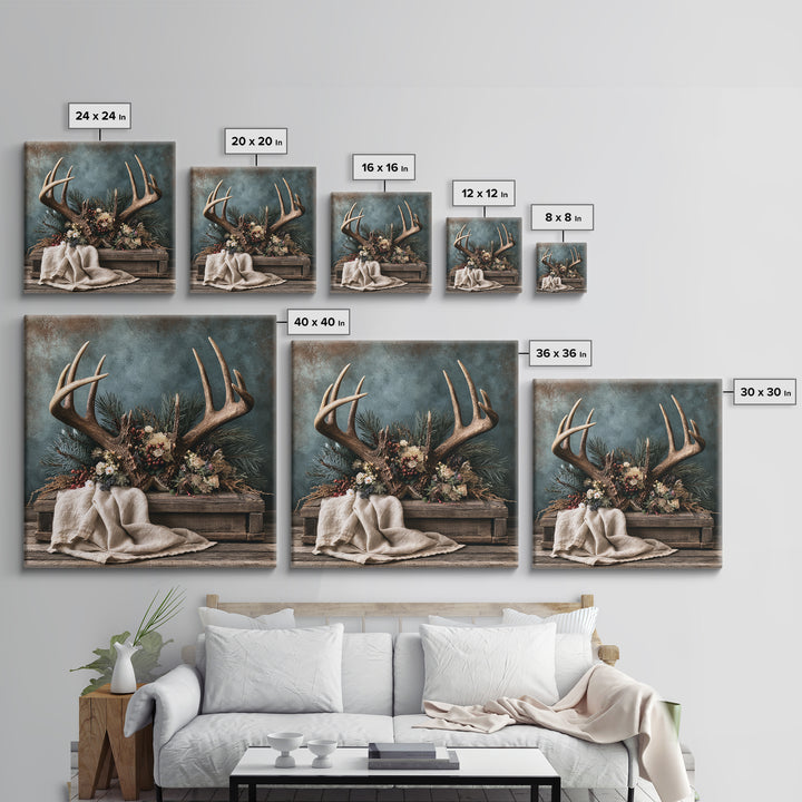 Deer Antlers with Pine Branches and Berries Framed Canvas Print, Rustic Art, Gallery Wall Set, Farmhouse Decor, Watercolor Art, RUS-1x1-74