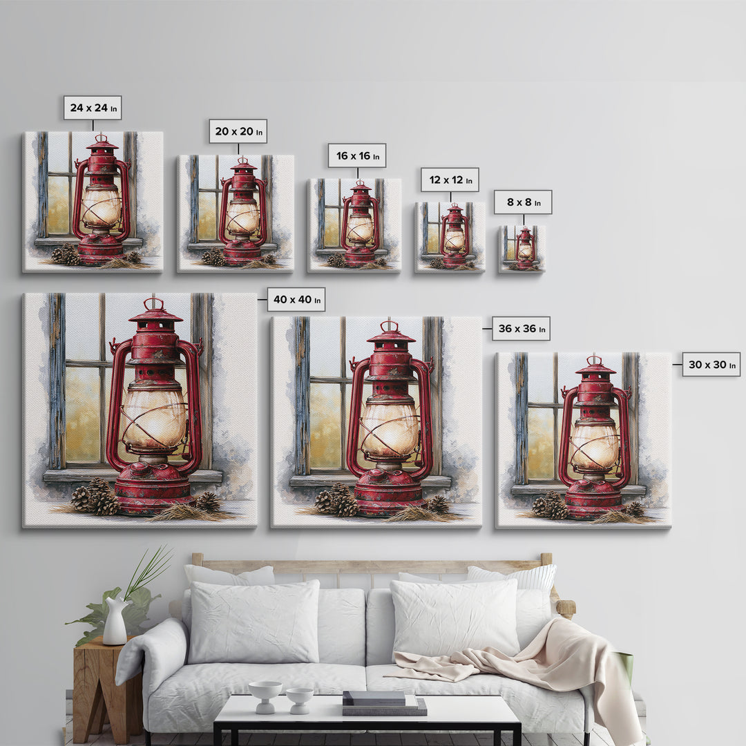 Rustic Lantern Glowing Beside Pinecones Canvas Print, Rustic Art, Portrait Painting, Farmhouse Decor, Fine Art, Rustic, RUS-1x1-76