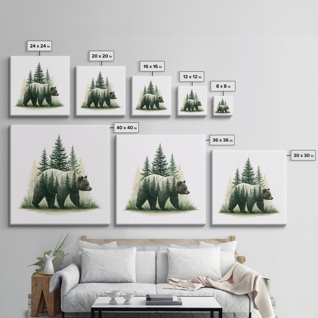 Bear Silhouette Among Pine Trees Framed Canvas Print, Rustic Art, Modern Decor, Farmhouse Decor, Oil Painting, Rustic, RUS-1x1-79