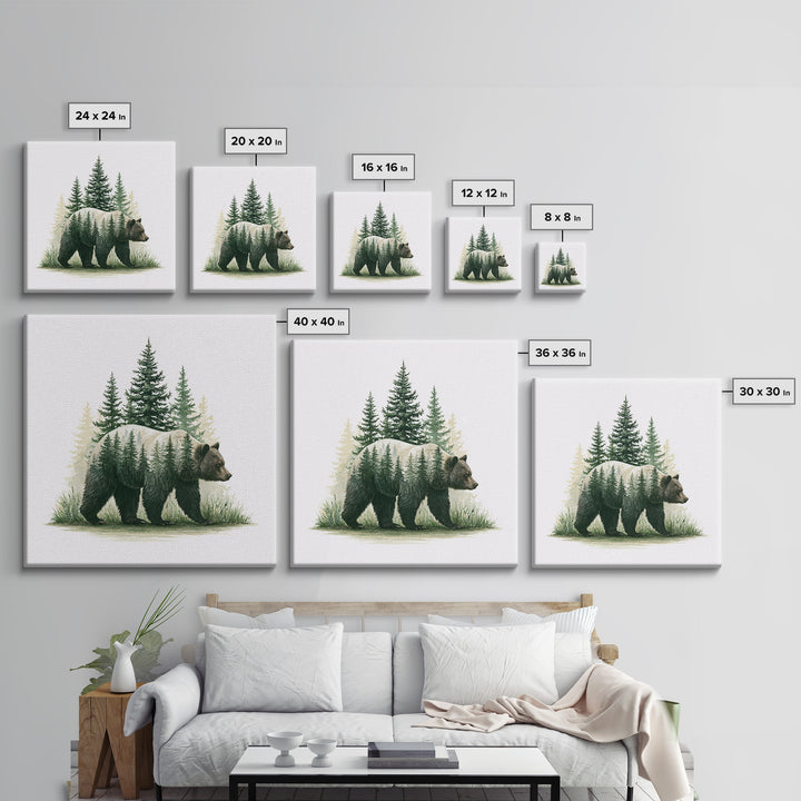 Bear Silhouette Among Pine Trees Framed Canvas Print, Rustic Art, Modern Decor, Farmhouse Decor, Oil Painting, Rustic, RUS-1x1-79