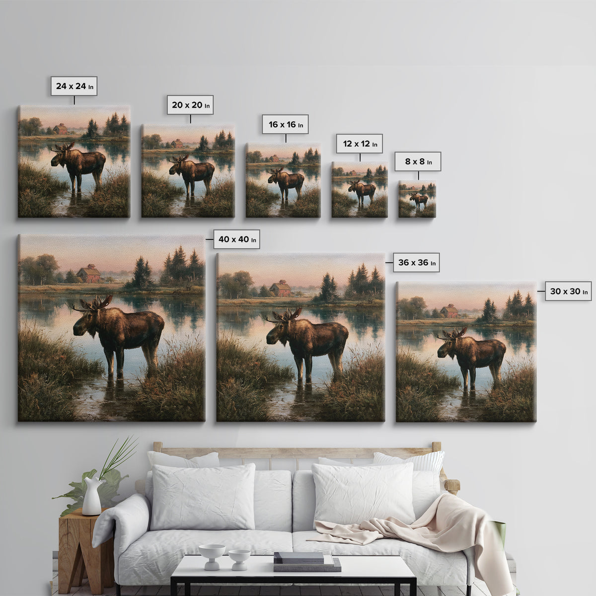 Moose Standing by a Quiet Lake Canvas Print, Rustic Art, Textured Painting, Farmhouse Decor, Oil Painting, Rustic, RUS-1x1-81