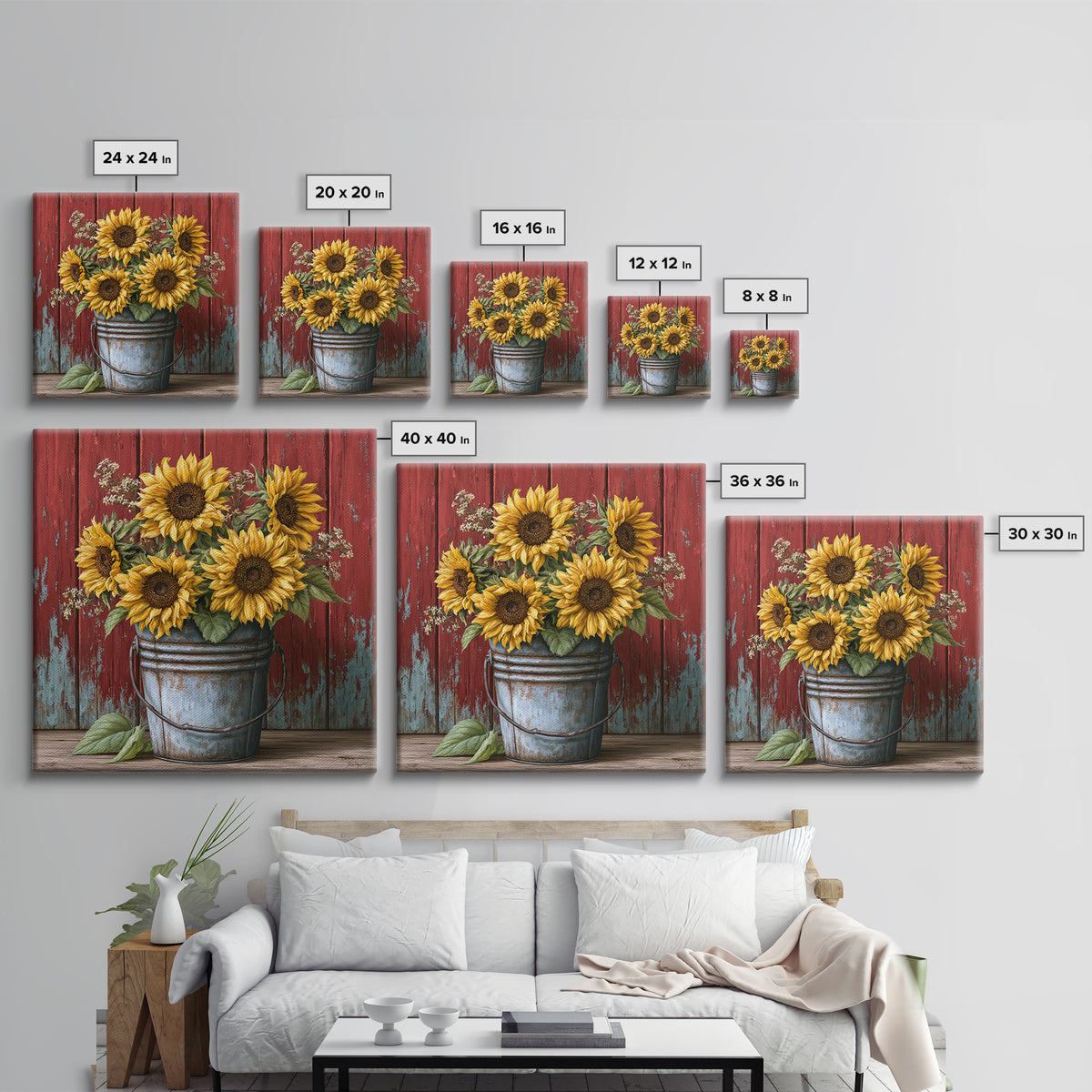 Sunflowers in a Metal Bucket Framed Canvas Print, Rustic Art, Landscape Wall Art, Farmhouse Decor, Rustic, Luxury Decor, RUS-1x1-84