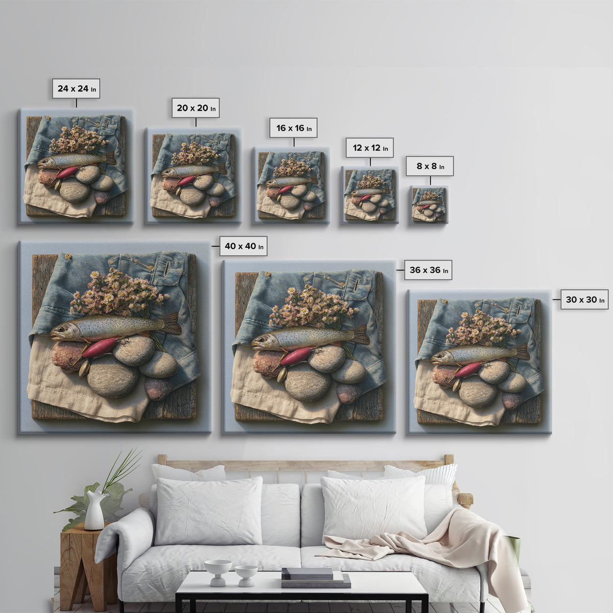 Trout Fishing Lure and River Stones Canvas Print, Rustic Art, Neutral Decor, Farmhouse Decor, Fine Art, Rustic, Home Decor, RUS-1x1-86