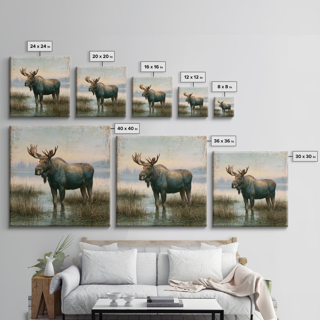 Moose Standing by a Quiet Lake Canvas Print, Rustic Art, Living Room Art, Farmhouse Decor, Watercolor Art, Rustic, RUS-1x1-9