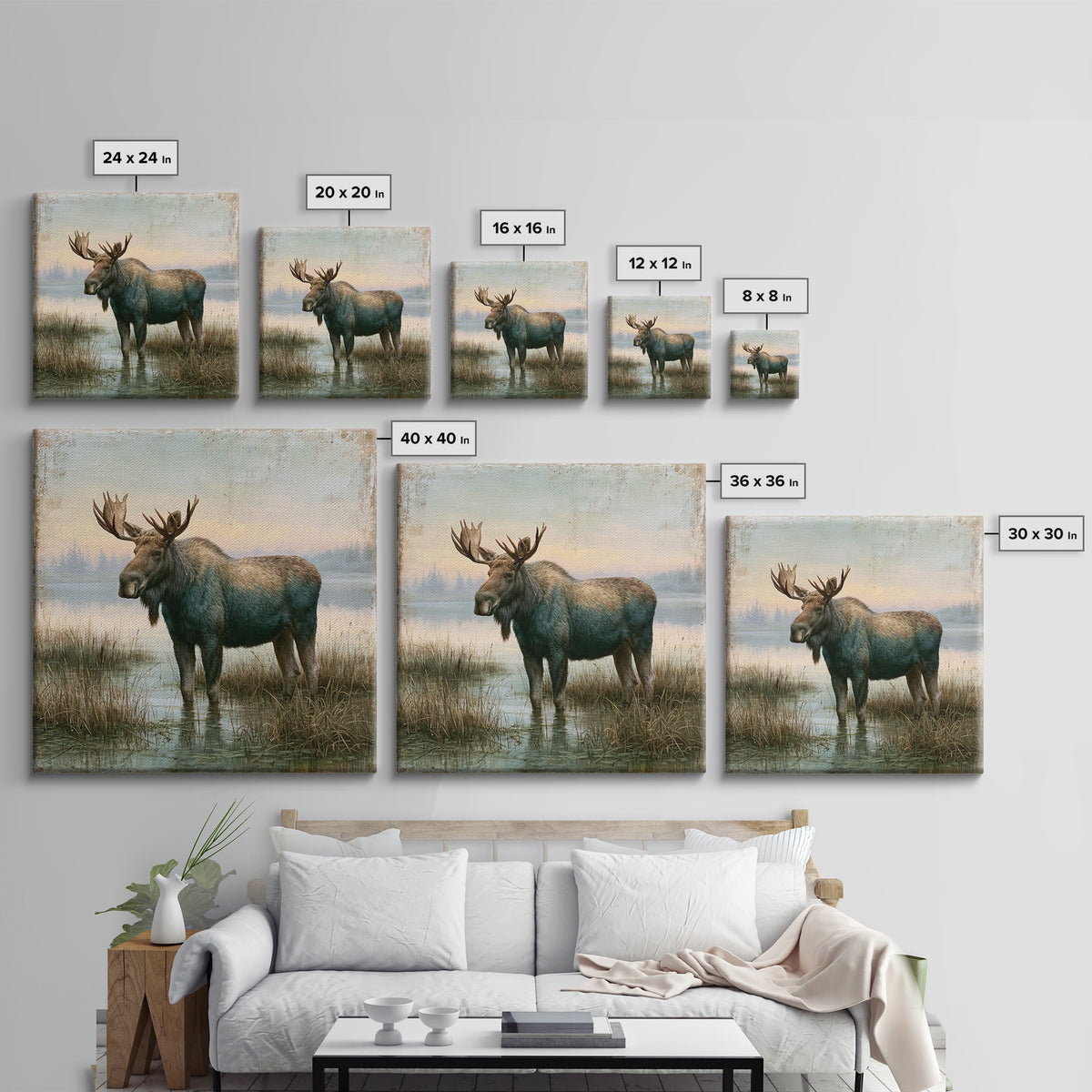 Moose Standing by a Quiet Lake Canvas Print, Rustic Art, Living Room Art, Farmhouse Decor, Watercolor Art, Rustic, RUS-1x1-9