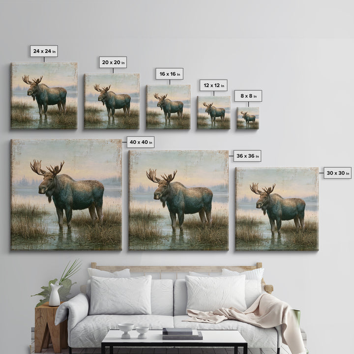 Moose Standing by a Quiet Lake Canvas Print, Rustic Art, Living Room Art, Farmhouse Decor, Watercolor Art, Rustic, RUS-1x1-9