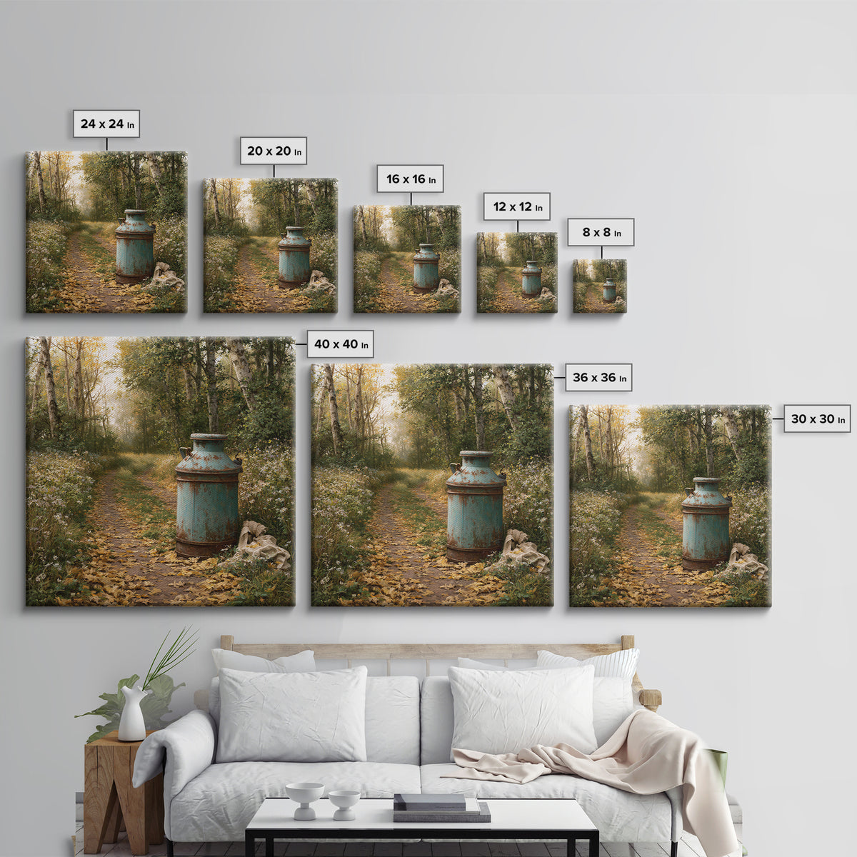 Forest Path with Golden Autumn Leaves Canvas Print, Rustic Art, Downloadable Art, Farmhouse Decor, Oil Painting, Rustic, RUS-1x1-90