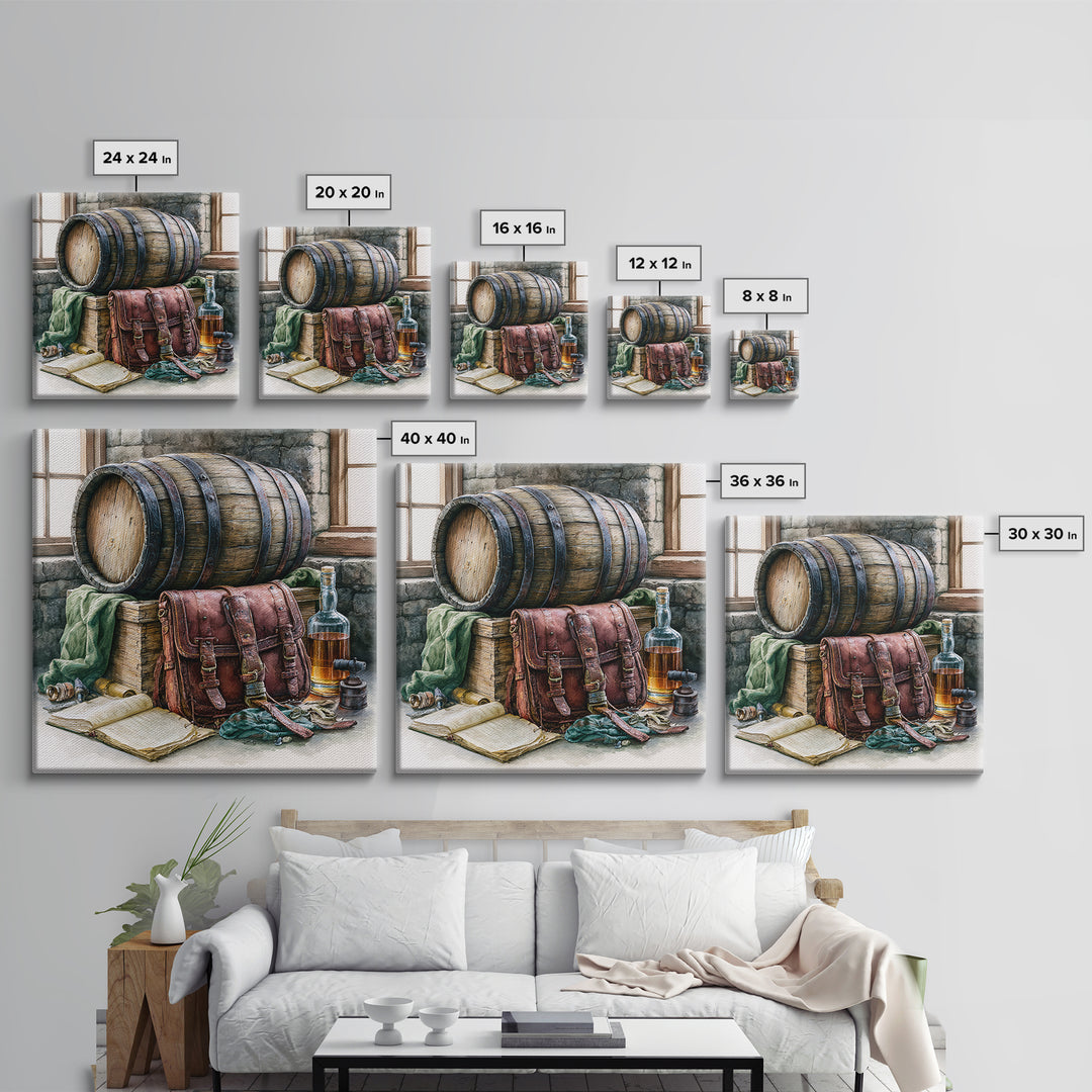 Whiskey Barrel and Leather Still Life Canvas Print, Rustic Art, Boho Decor, Farmhouse Decor, Fine Art, Rustic, Art Print, RUS-1x1-91