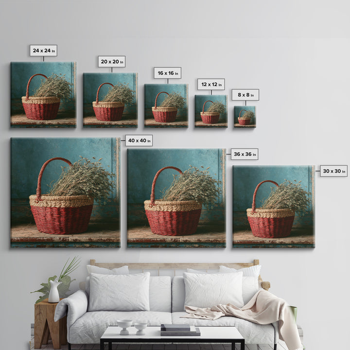 Handwoven Basket with Dried Grasses Framed Canvas Print, Rustic Art, Digital Prints, Farmhouse Decor, Fine Art, Rustic, RUS-1x1-96