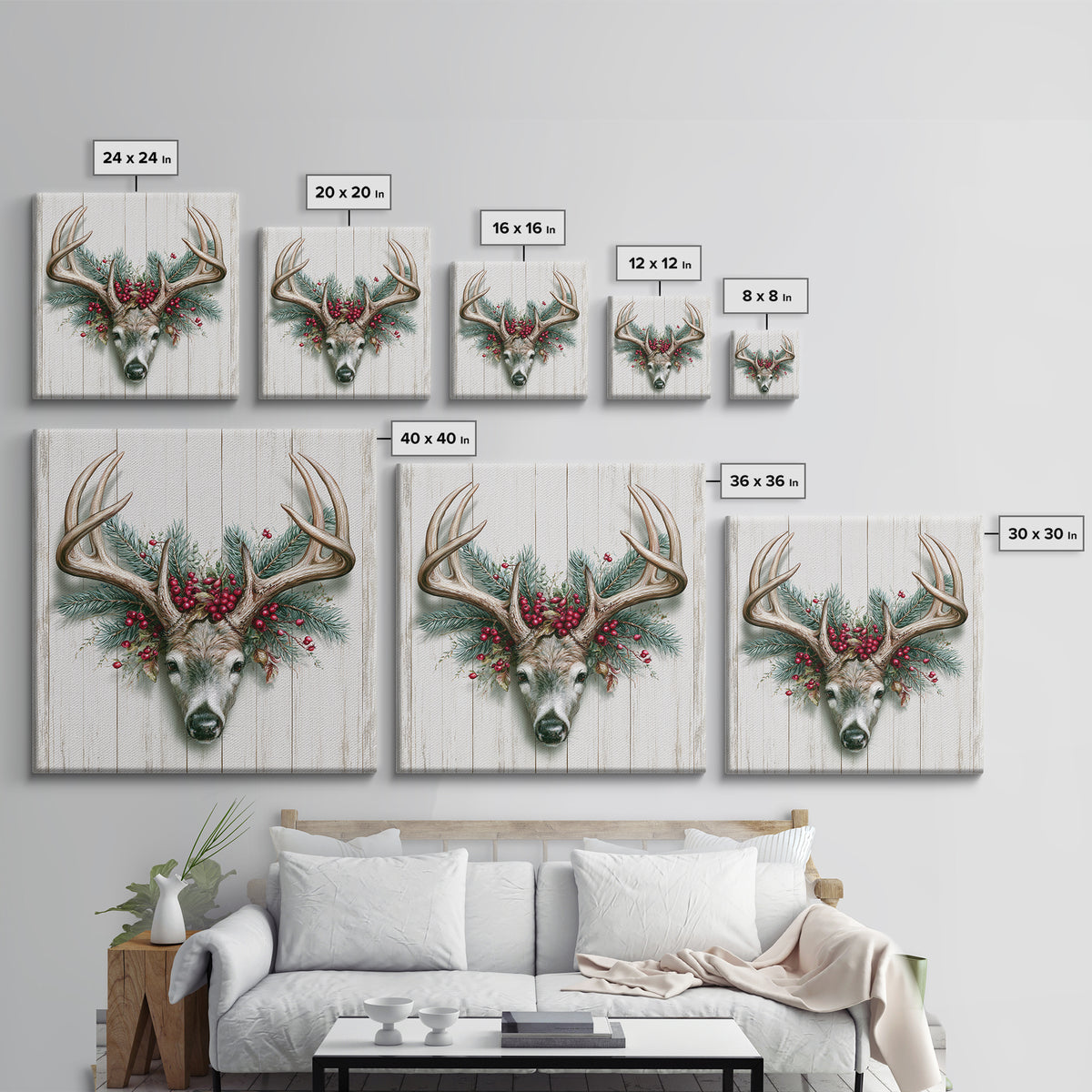 Deer Antlers with Pine Branches and Berries Canvas Print, Rustic Art, Statement Artwork, Farmhouse Decor, Fine Art, Rustic, RUS-1x1-98