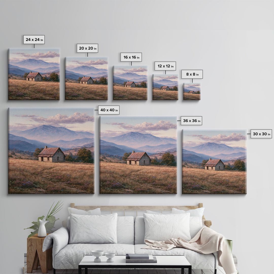 Mountain Cabin Landscape Canvas Print, Rustic Art, Wall Art, Farmhouse Decor, Oil Painting, Rustic, Living Room Decor, RUS-1x1-99