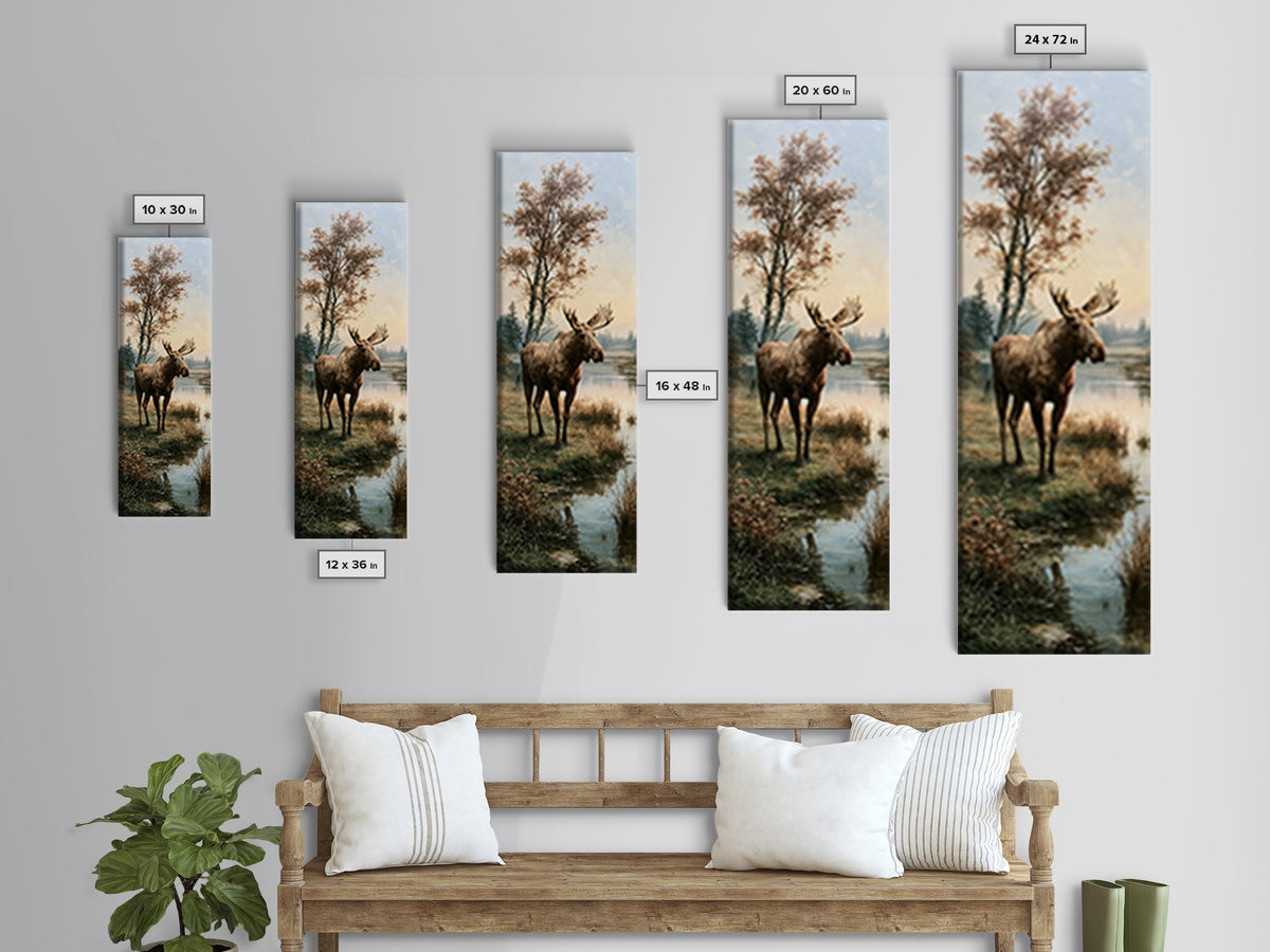 Moose Standing by a Quiet Lake Canvas Print, Rustic Art, Gallery Decor, Farmhouse Decor, Fine Art, Rustic, Contemporary Art, RUS-1x3-21