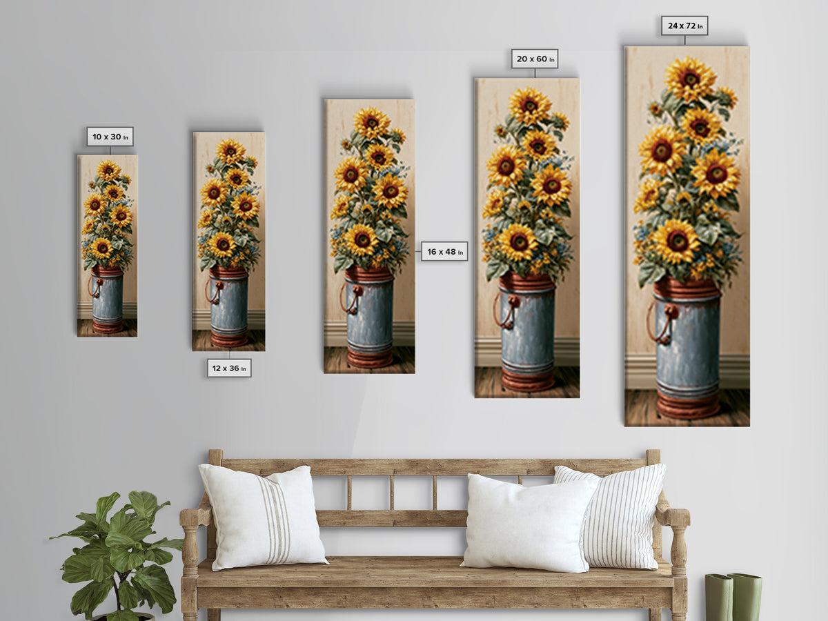 Sunflowers in a Metal Bucket Framed Canvas Print, Rustic Art, Luxury Decor, Farmhouse Decor, Oil Painting, Rustic, RUS-1x3-24