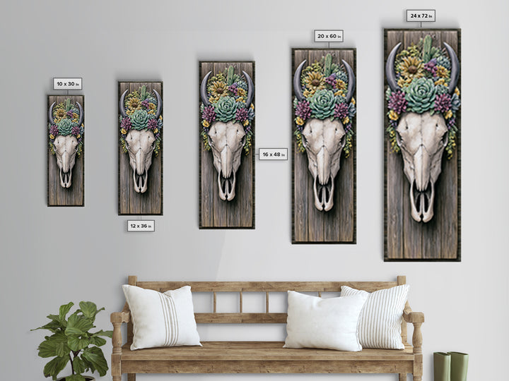 Cow Skull with Desert Flowers Framed Canvas Print, Rustic Art, Neutral Decor, Farmhouse Decor, Fine Art, Rustic, Home Decor, RUS-1x3-29