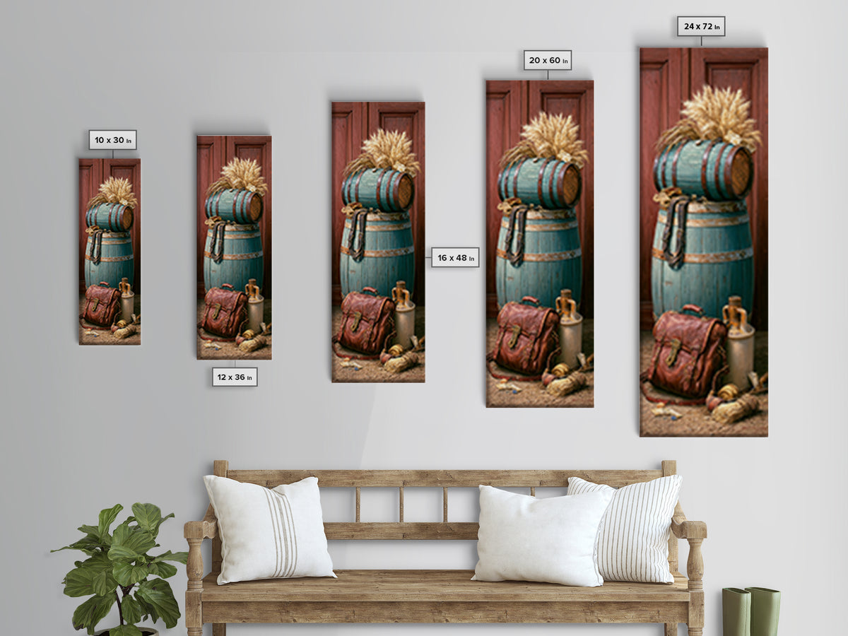 Whiskey Barrel and Leather Still Life Framed Canvas Print, Rustic Art, Art Print, Farmhouse Decor, Watercolor Art, Rustic, RUS-1x3-31